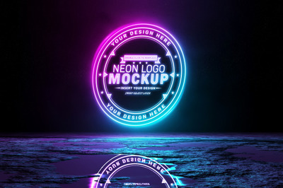 粉蓝色霓虹灯logo样机[PSD]