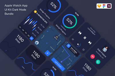 Apple Watch应用程序UI工具包暗黑模式 UI模板下载(FIG,SKETCH,XD)