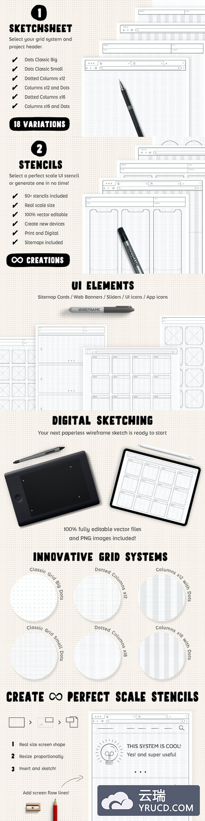UX工作流-带模具的线框草图元素模板(Ai)