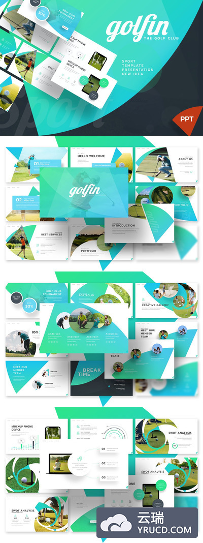 时尚高端高尔夫运动几何图形powerpoint幻灯片演示模板（pptx）
