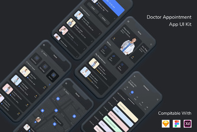 暗黑模式风格的医生预约应用程序UI模板下载(SKETCH,FIG,XD)