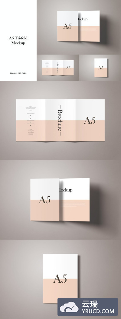 高品质的逼真质感A5尺寸三折页小册子VI设计样机展示模型mockups