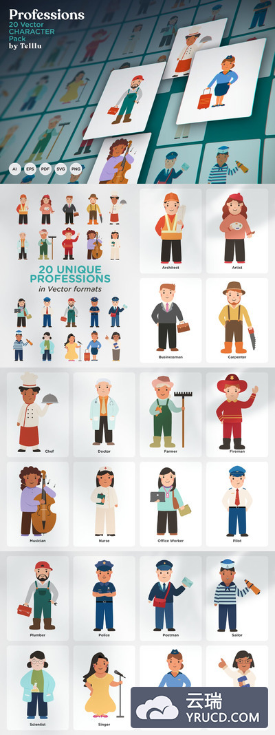 20个时尚高端专业矢量不同职业插画头像图标集合-AI，EPS，PDF，PNG，SVG