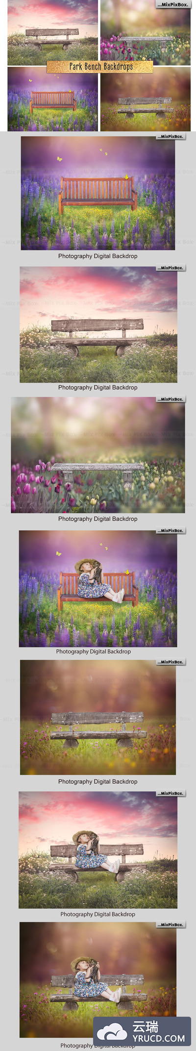 4张高分辨率的公园长椅花卉背景JPG素材