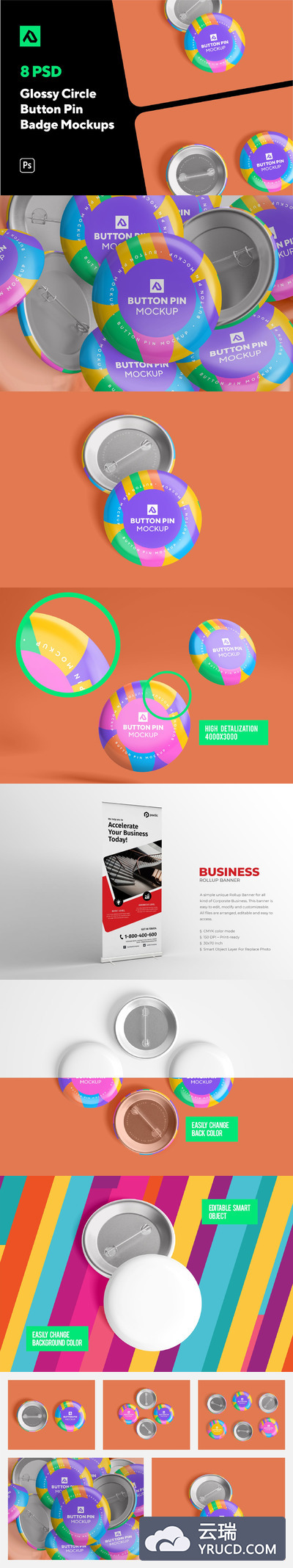 光滑的圆形胸牌纽扣别针徽章展示设计样机集