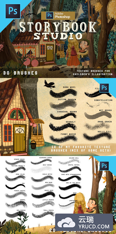 30个儿童故事书漫画书Photoshop绘画笔刷