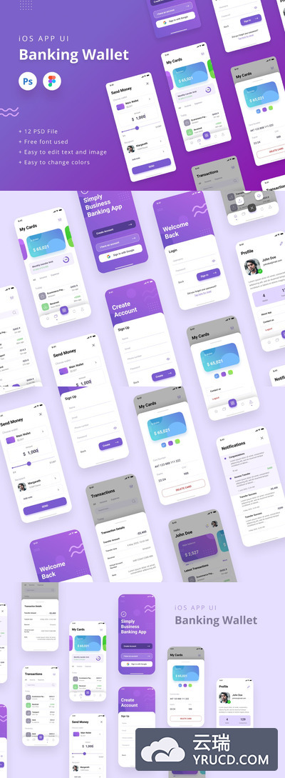 高端简约好用的手机银行钱包iOS App UI KITS-PSD&Figma