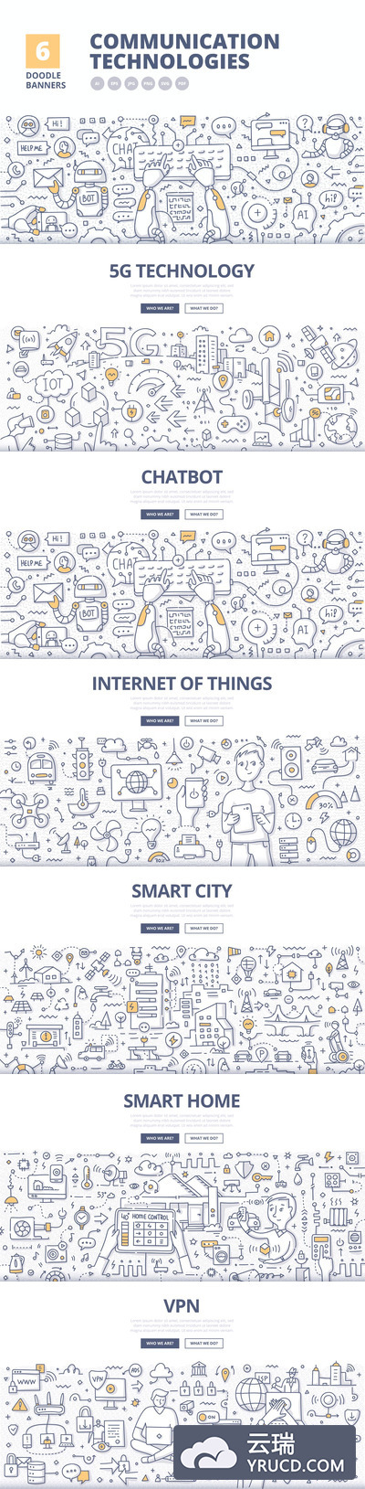 6个高品质的时尚高端抽象手绘5G通讯技术涂鸦矢量插画集合-AI，EPS，JPG，PDF，SVG，PNG