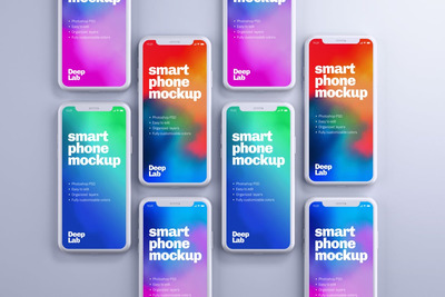 多个竖着排列白色外壳的 iPhone 11 Pro 组合样机（PSD）