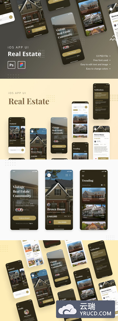 高品质的房地产租房卖房APP UI KITS-FIG、PSD