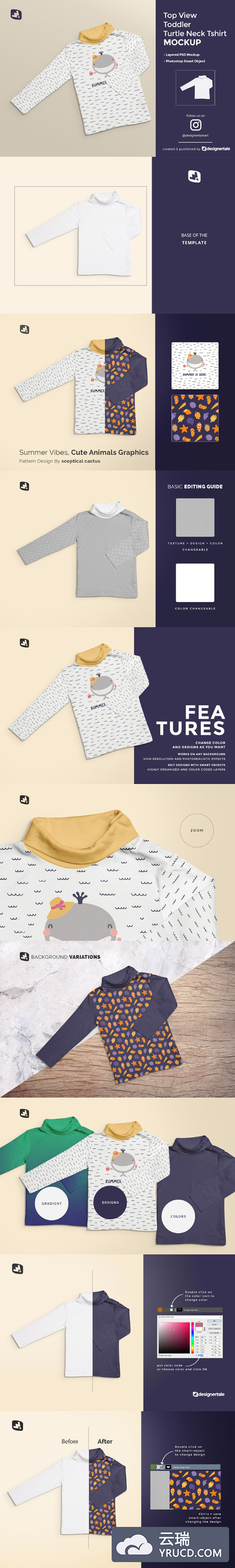 幼儿/婴儿高领T恤服装图案设计样机模板
