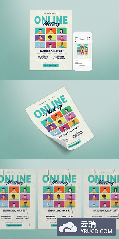 简约时尚在线会议线上会议海报设计模板-AI，PSD