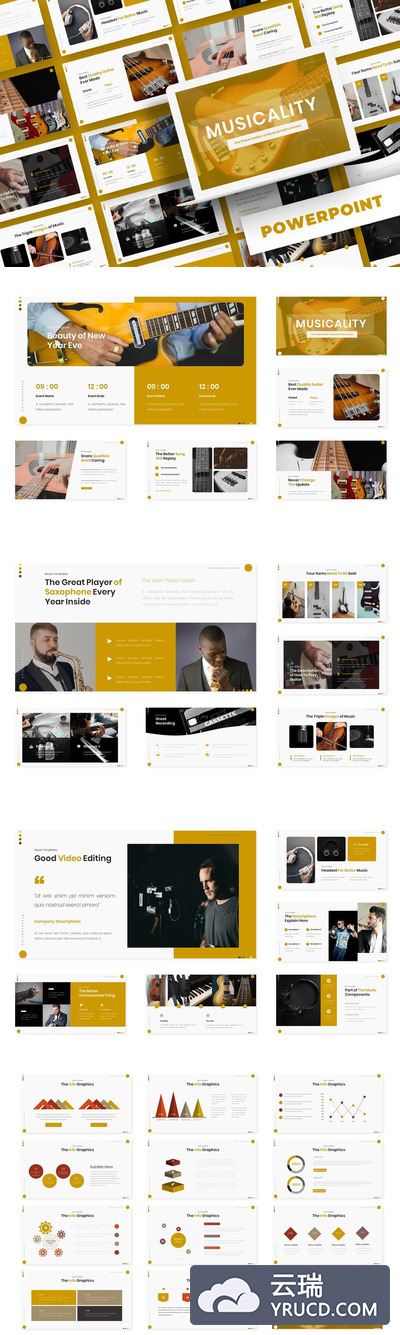 优雅高端时尚简约多功能音乐powerpoint幻灯片演示模板（pptx）