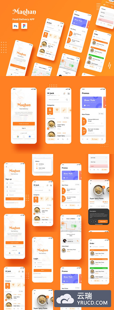高品质的专业食品外卖APP UI KITS-PSD、figma