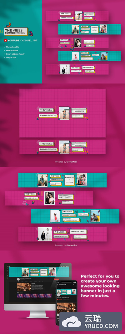 时尚高端复古新孟菲斯风格YouTube社交媒体banner海报设计模板
