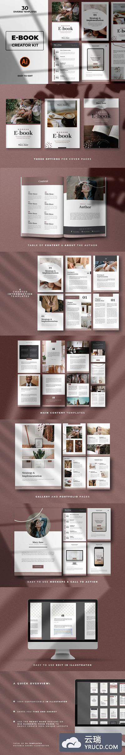 时尚高端简约清新度用途的高品质优雅电子书杂志楼书画册设计模板-AI，EPS