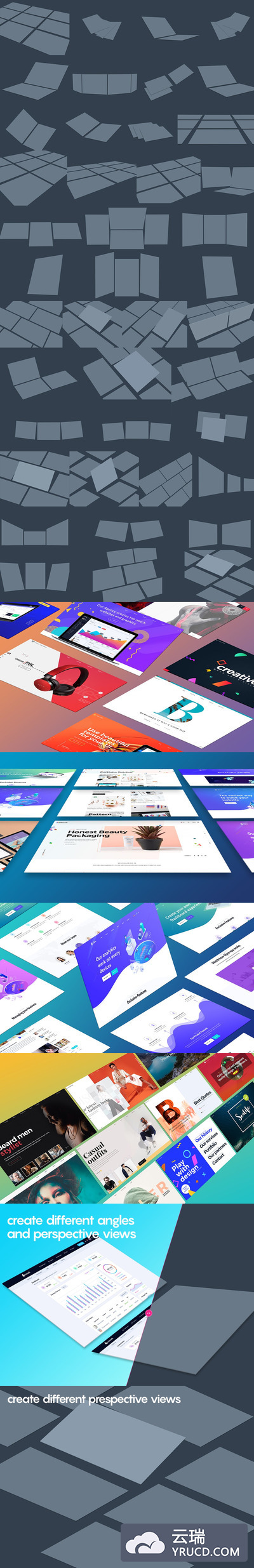 透视角度的电脑屏幕网页设计样机下载（PSD）