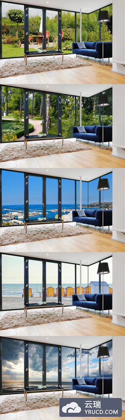 有大窗户和透过窗户视野的室内样机（PSD）