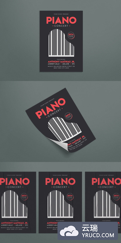钢琴培训或音乐会海报设计模板(AI,PSD)