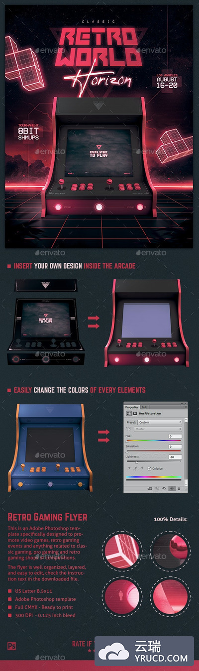 复古80年代街机电子游戏传单/海报设计样机模板