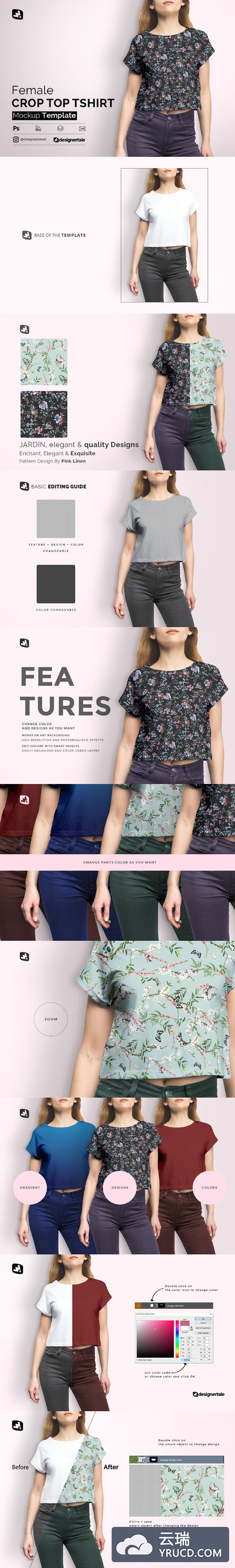 女式露脐T恤服装图案设计样机模板