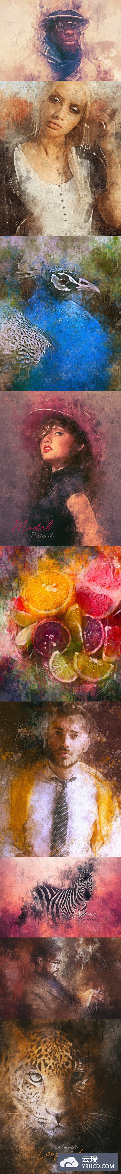 时尚高端逼真质感的手绘水墨水彩水粉效果photoshop动作预设