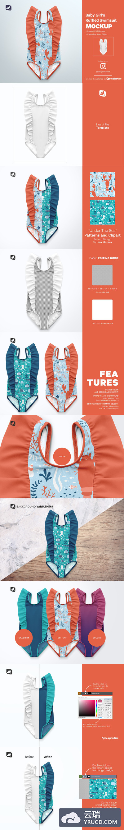 儿童女款荷叶边泳衣印花图案设计样机模板