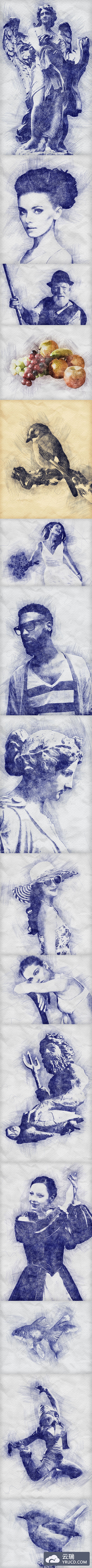 逼真的钢笔&圆珠笔手绘素描PS动作（ABR,ATN,PAT）