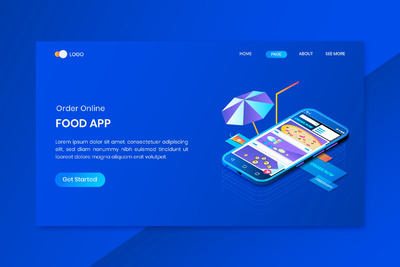 食品配送应用程序等距概念着陆页(AI,EPS,JPG,PDF,PNG)