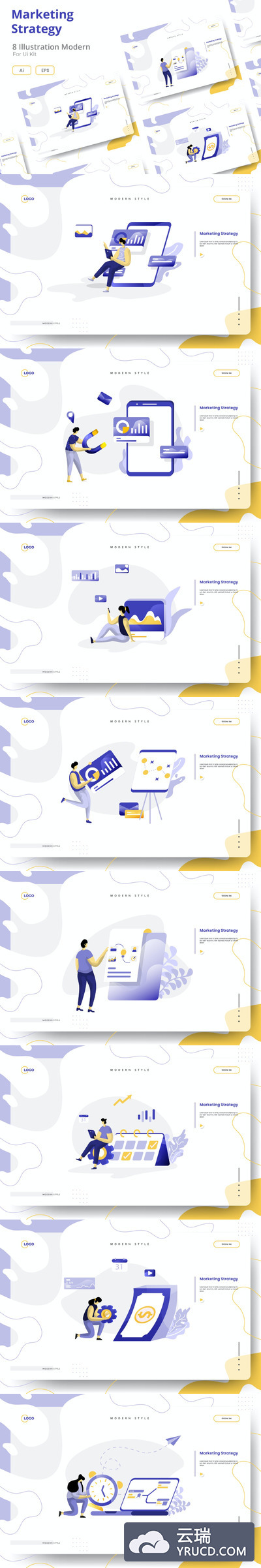 时尚高端简约多用途扁平化营销策略banner海报着陆页矢量插画设计模板集合-AI，EPS，JPG