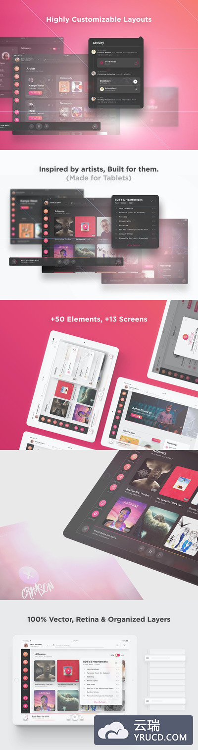 深红色音乐APP UI模板（PSD,XD,SKETCH,FIG）