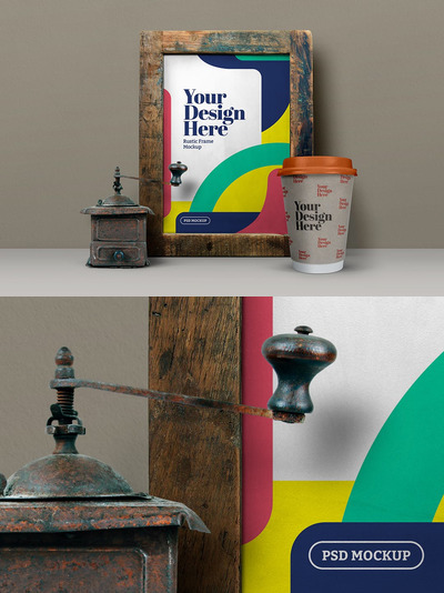 A3乡村框架外卖杯咖啡机和研磨机样机（PSD）