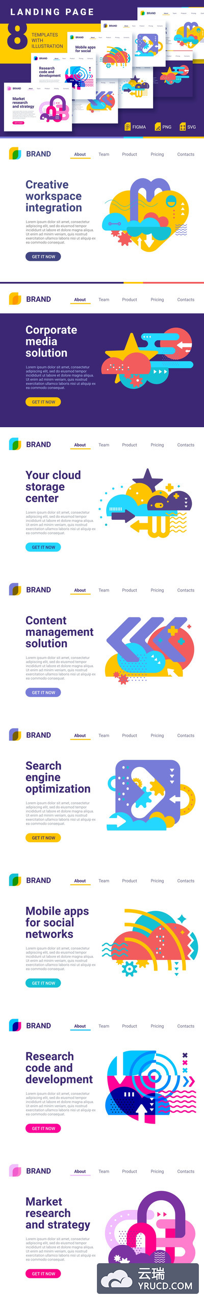 8个时尚简约扁平化风格的登录页面着陆页banner设计模板集合-FIG, PNG, SVG