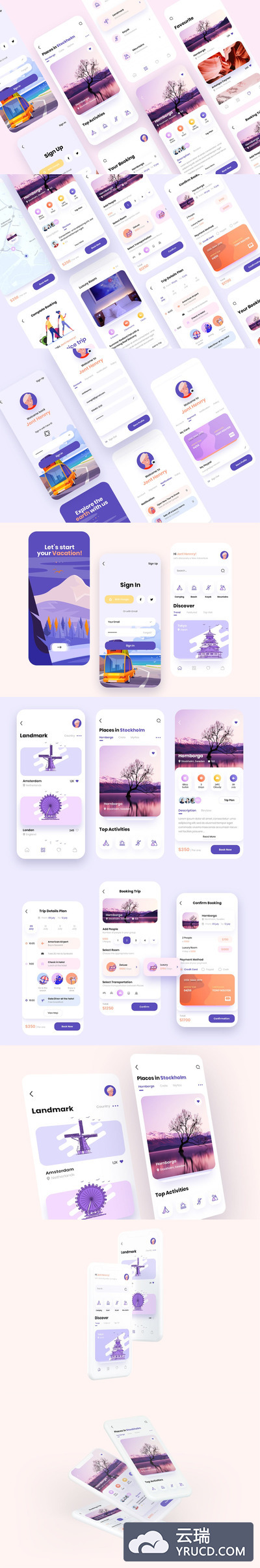 时尚的旅行 App UX, UI 模板下载（XD,PSD）