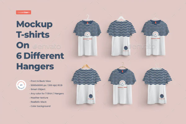 6个不同衣架的正面和背面T恤样机素材