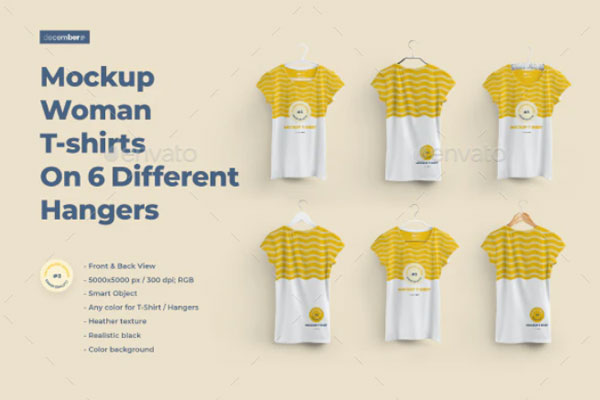 6个不同衣架的女款T恤样机设计模板