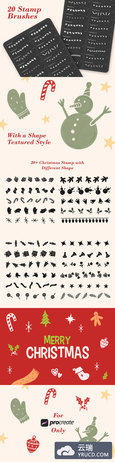 各种圣诞节元素的 Procreate 笔刷（brushset）