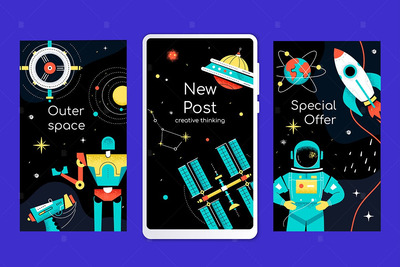 清新时尚外太空宇宙宇航员矢量插图插画集合-EPS，JPG