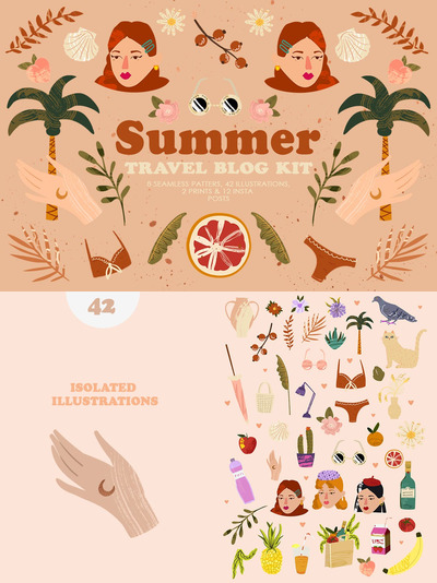 清新个性的夏天旅游手绘插画插图集合-AI，PNG