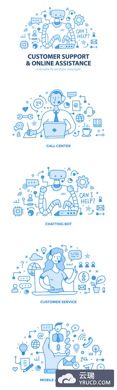 4个在线客服售后服务概念banner插画海报设计模板集合-AI，EPS，JPG，PNG，PSD，SVG