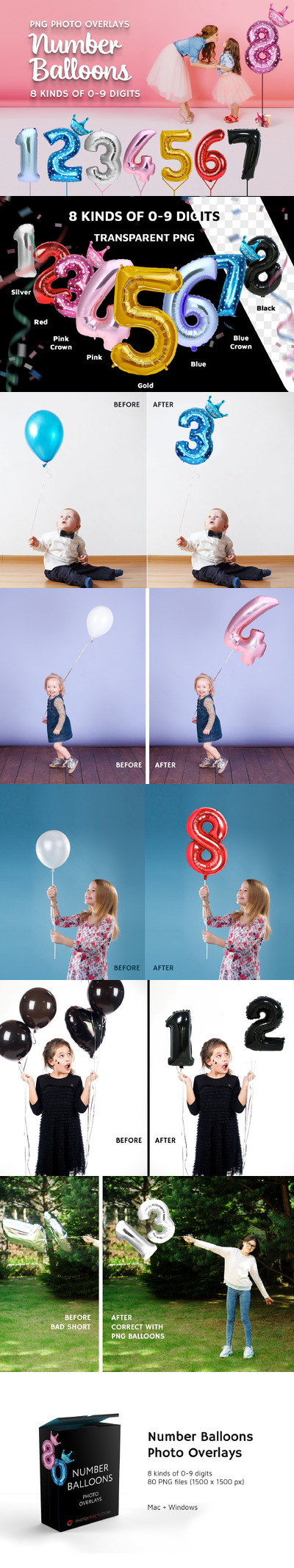 80个多彩数字气球照片叠层PNG素材
