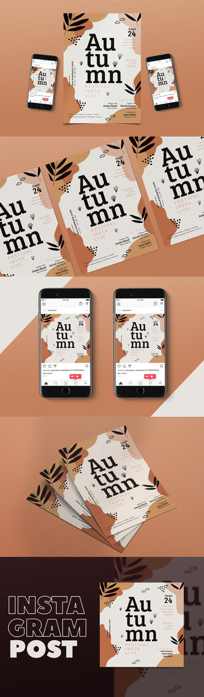 高品质的时尚高端优雅立秋秋天音乐节宣传单海报设计模板-AI，PSD