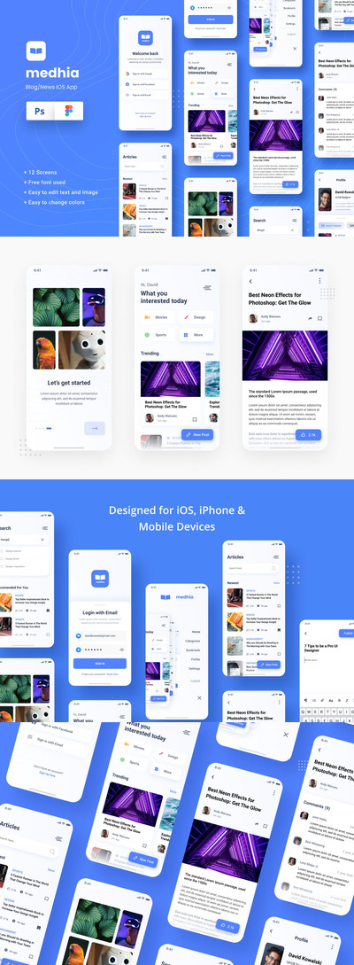 博客/新闻应用程序的现代iOS用户界面设计APP UI KITS