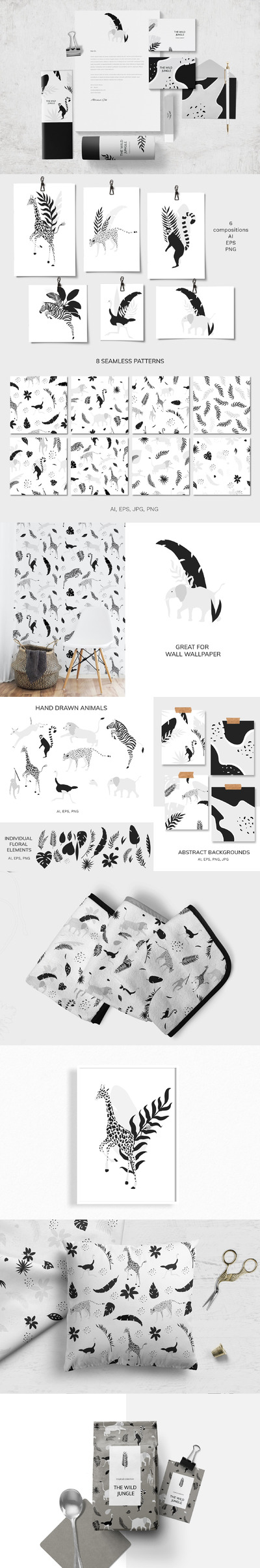 丛林动物矢量插画&无缝图案素材包