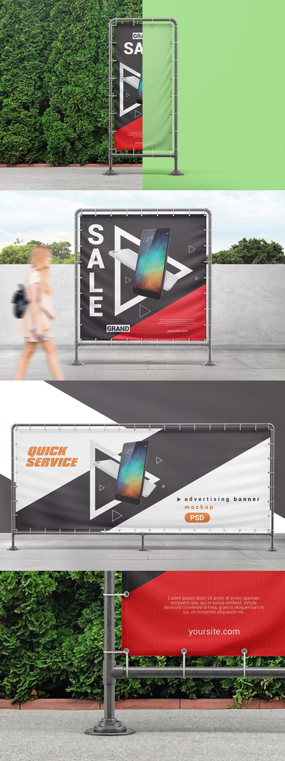 金属框架模型上的乙烯基易拉宝广告样机（PSD）