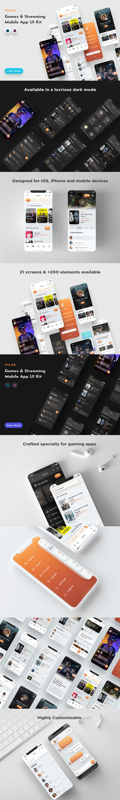 高品质的专业游戏和流媒体应用程序APP UI KITS-XD，PSD