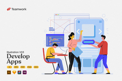 团队合作-设计和开发移动应用程序插画(AI,EPS,PDF,PNG,SVG)
