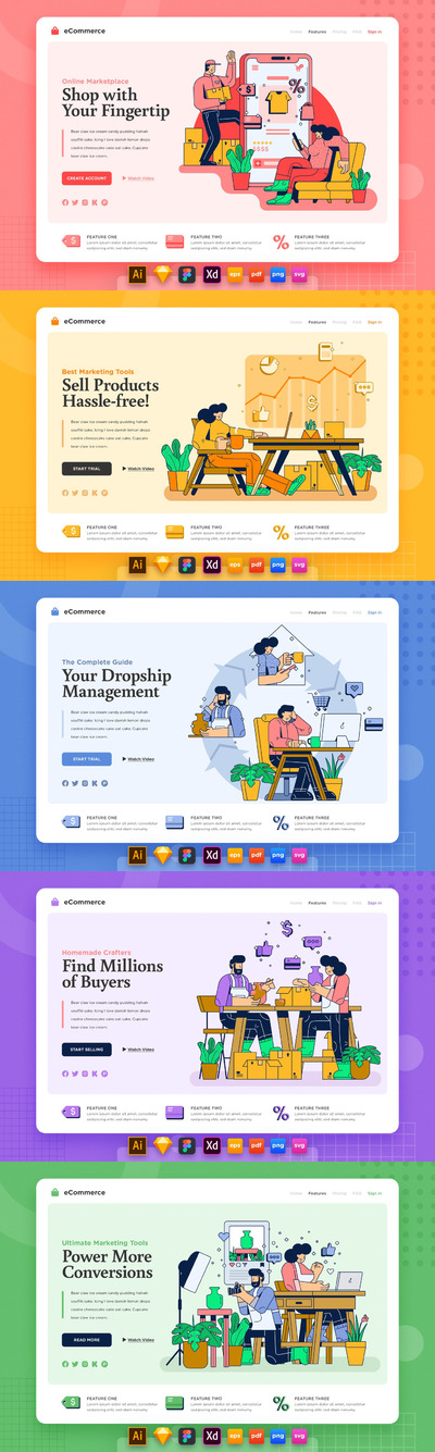多用途的时尚个性电子商务在线购物banner海报着陆页矢量插画模板集合-AI，EPS，FIG，PDF，PNG，PSD，SKETCH，SVG，XD