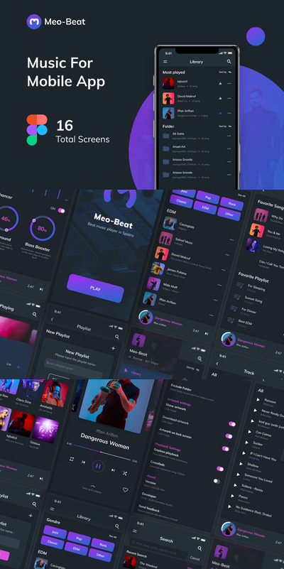 时尚高端多用途手机音乐APP UI KITS-FIGMA