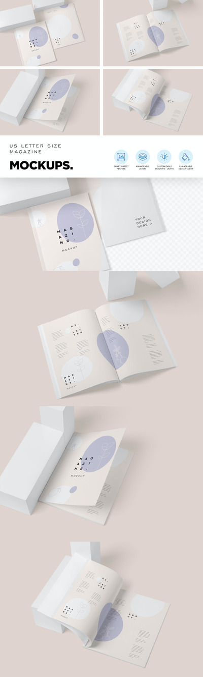 4个美国信纸大小杂志模型样机 （PSD）
